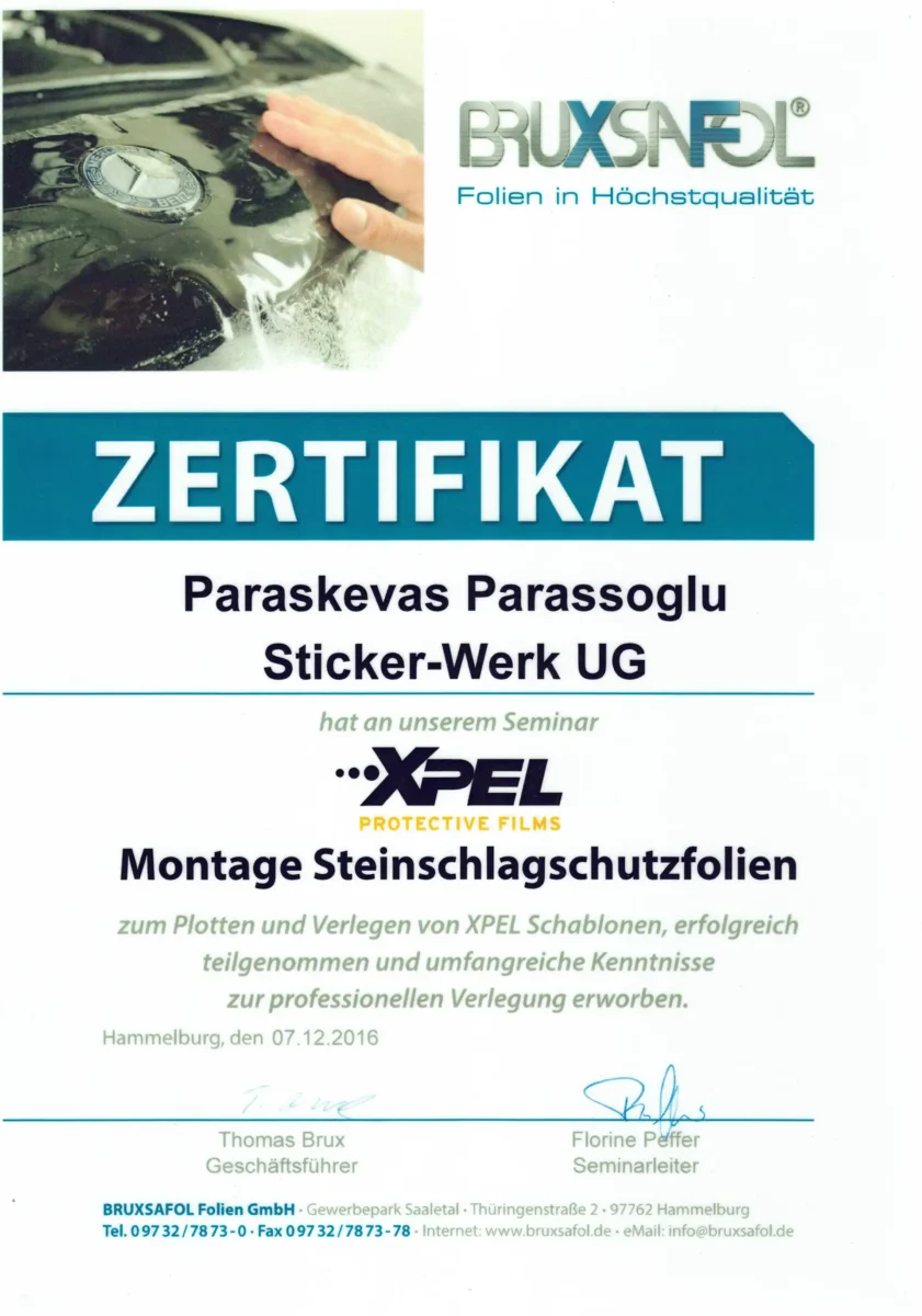 Bruxsafol XPEL Zertifikat Montage Steinschlagschutzfolien
