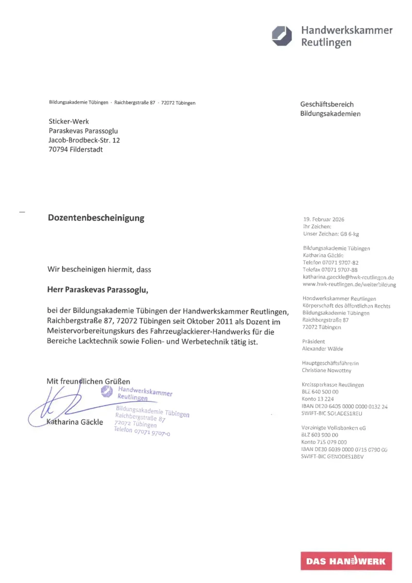 Dozentenbescheinigung Handwerkskammer