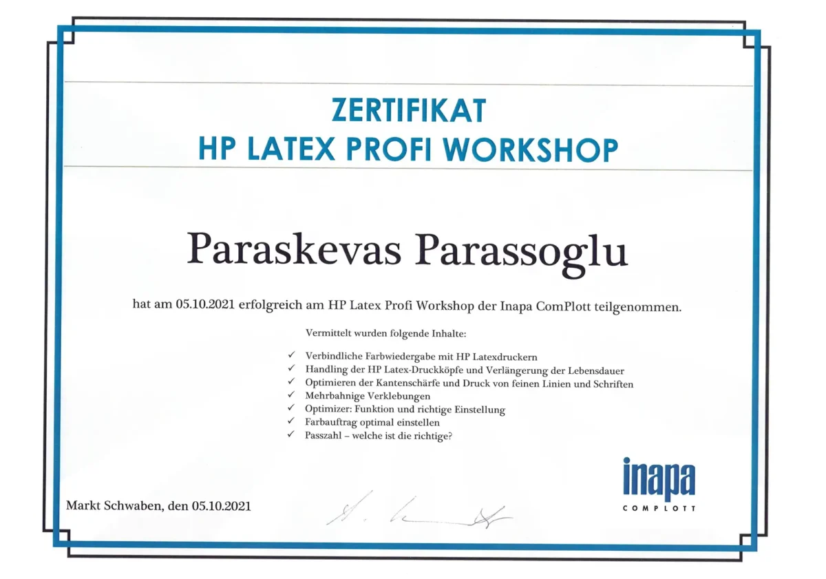 HP Latex Profi Workshop Zertifikat